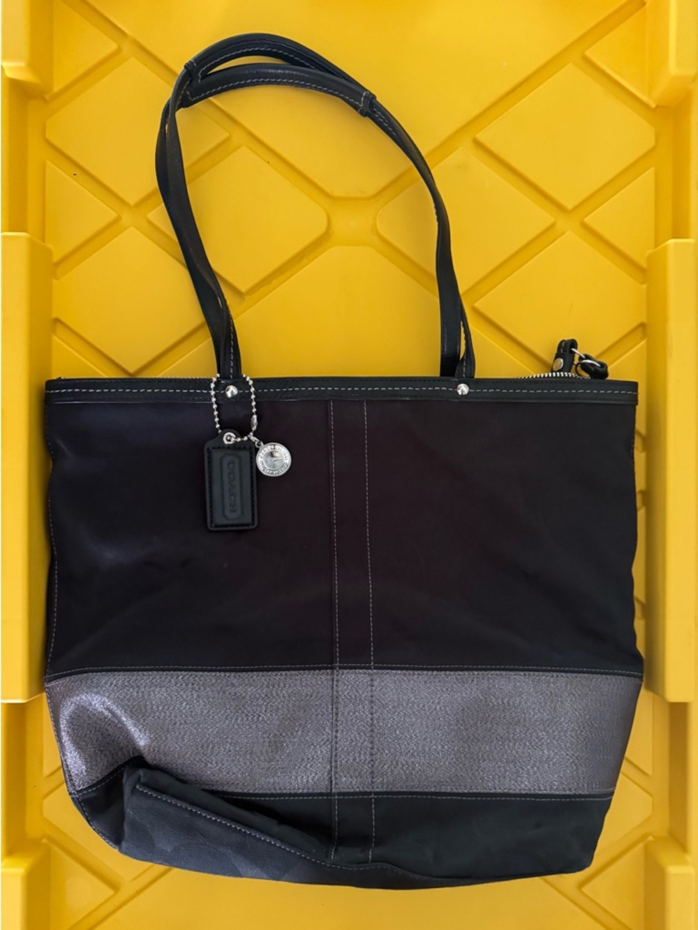 Coach Black Tote with Metallic Silver Band